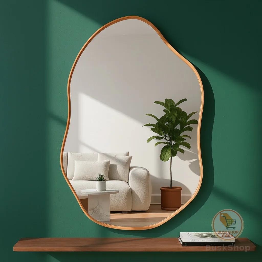 Espelho Orgânico 60x40 Couro Caramelo + Suporte Metálico decoração Sala Penteadeira Quarto Banheiro