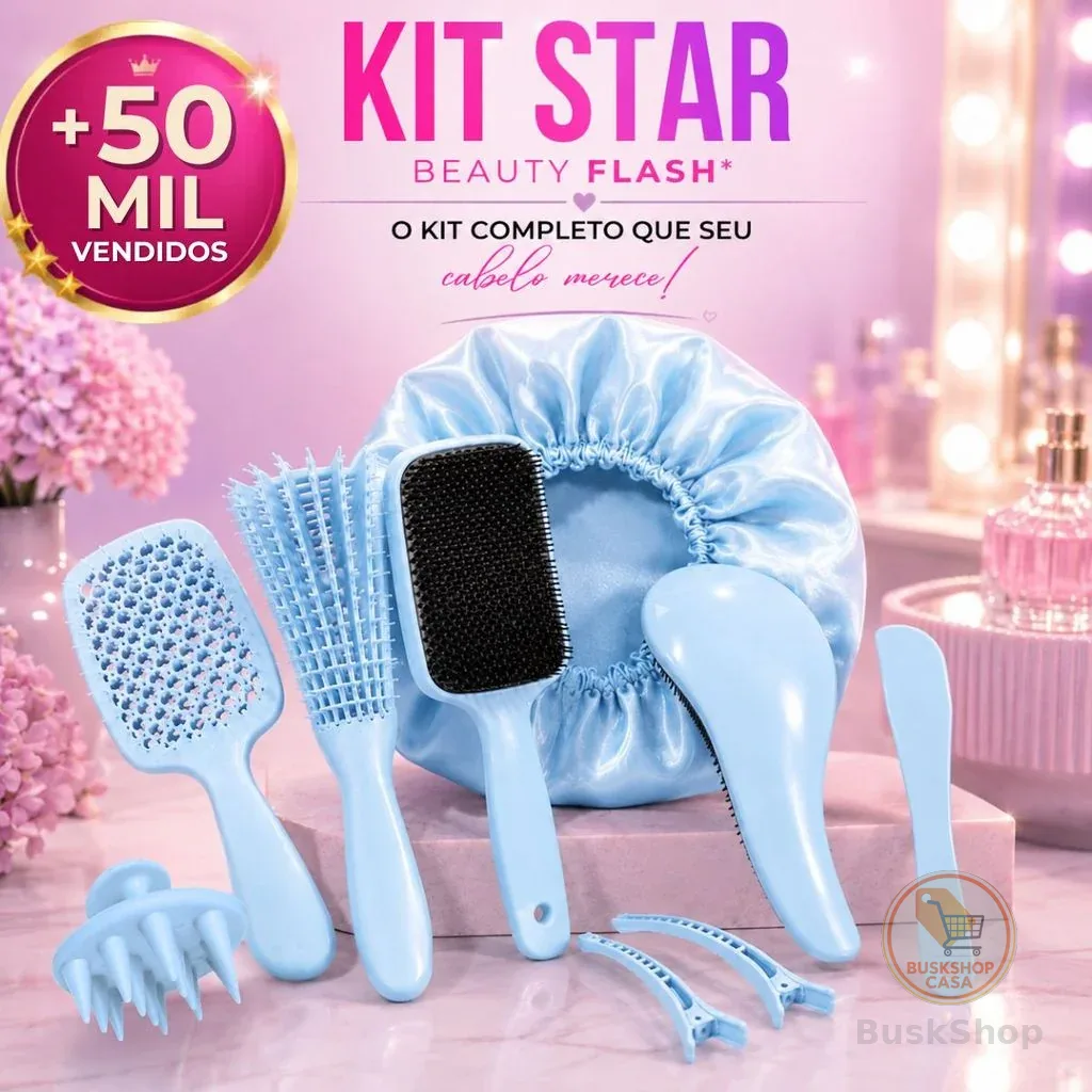 Kit 05 Escova Raquete Flex Escova Mágica e Polvo Massageador de Silicone Touca de Cetim Beauty Flash