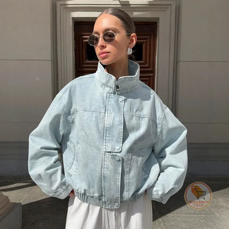 Jaqueta Jeans Casual Com Gola Alta E Zíper , Bolso Solto , Versátil , Manga Comprida 202607A