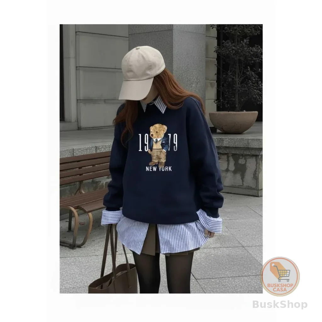 Moletom Feminino Algodão Flanelado Sem Capuz Urso Bear Blusa De Frio Tendência Casual Blogueira Casaco Outono Inverno