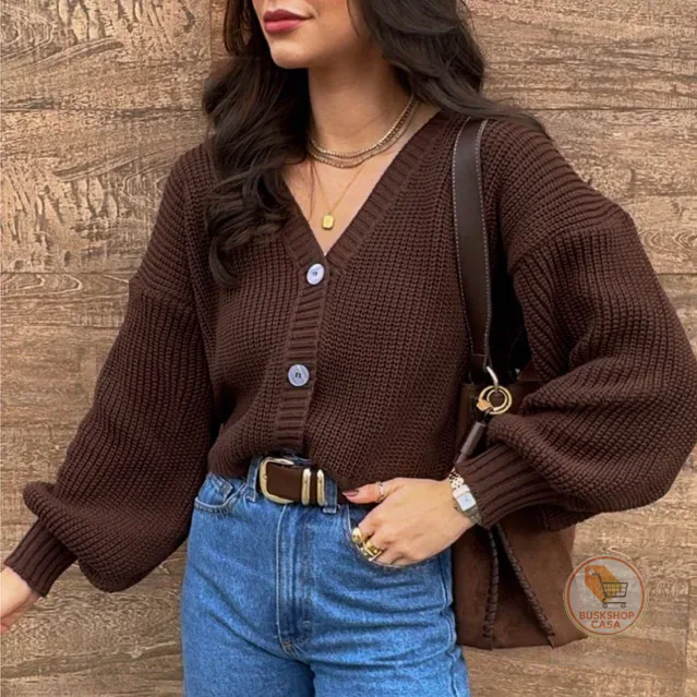 Casaco Tricot Manga Bufante Moda Inverno Cardigan Preço Comfy