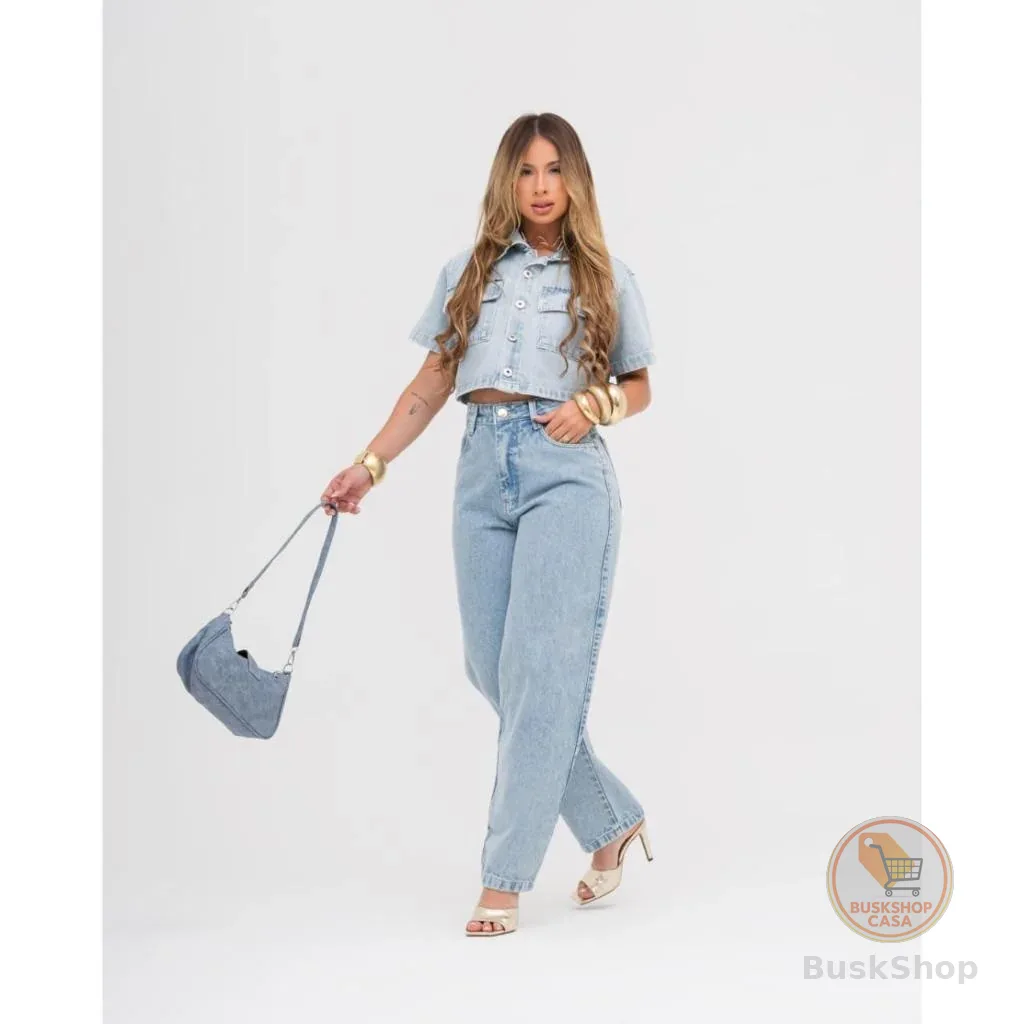 Conjunto Camisa Jeans Cropped Calça Feminina Jeans Barrel