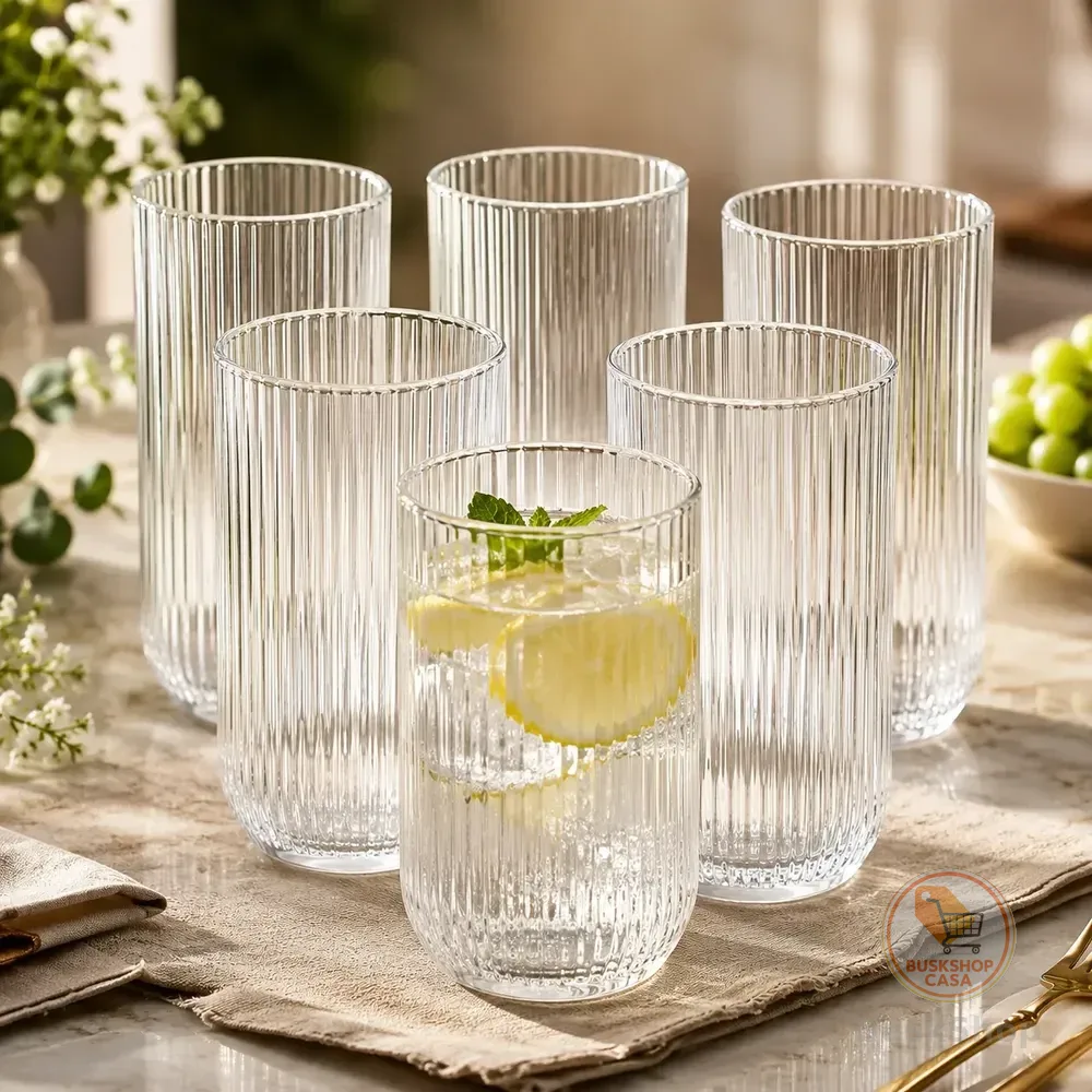 Jogo 6 Copo De Vidro Canelado Versalhes Graffiato 420ml Luxo Transparente