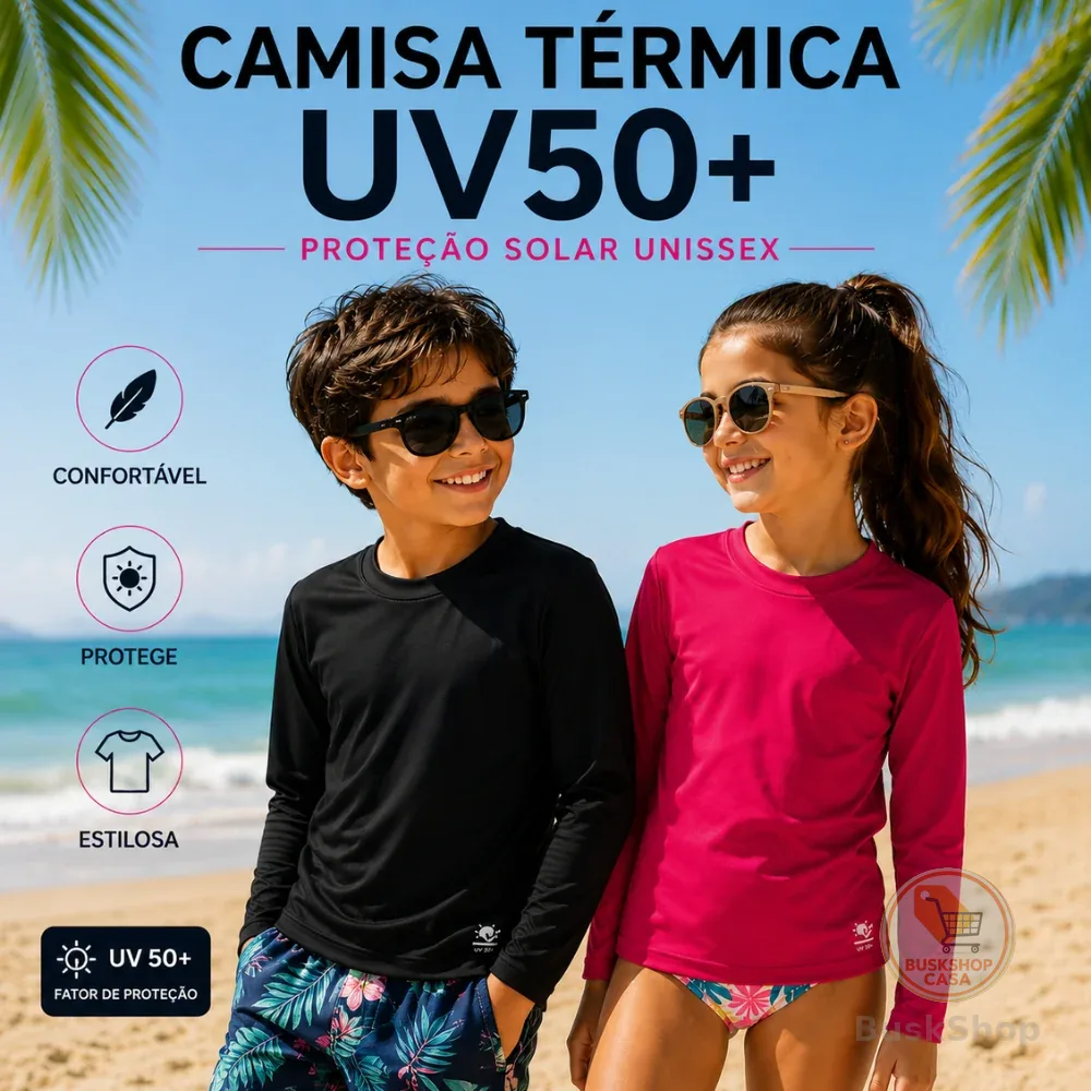 Camisa térmica Infantil e Juvenil Unissex proteção solar UV 50+ Verão Praia Piscina Blusa UV+