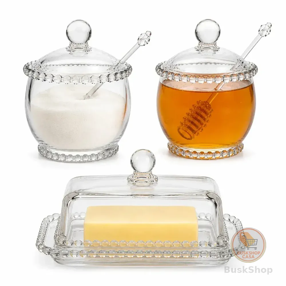 Kit Manteigueira Meleira Açucareiro Vidro Transparente Mesa Posta Café Manhã Servir Mel Manteiga Açúcar Potes Elegantes Cozinha Decoração