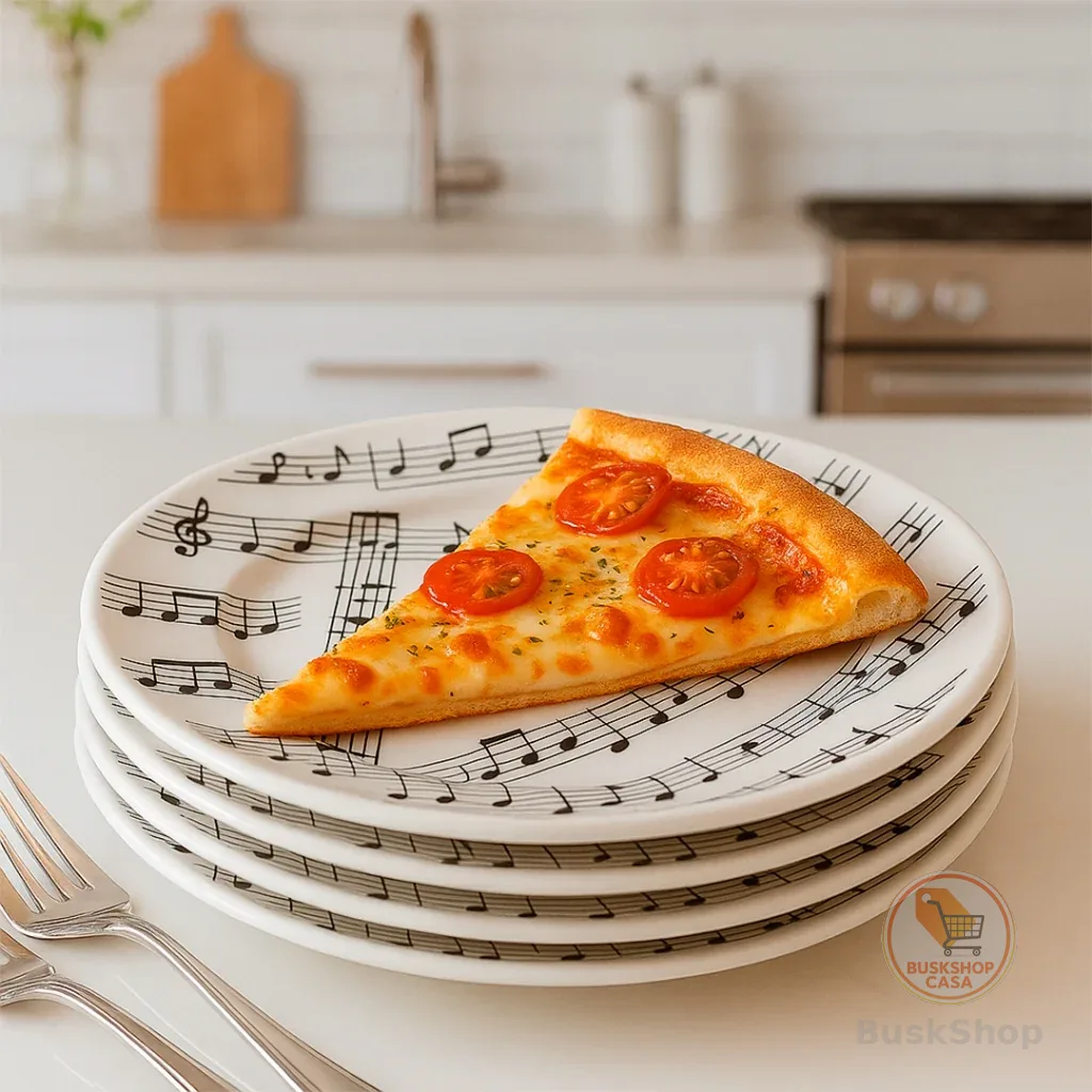 Kit 6/4 Pratos de Pizza Cerâmica Decorados com Notas Musicais Ideal para Pizza, Massas e Sobremesas