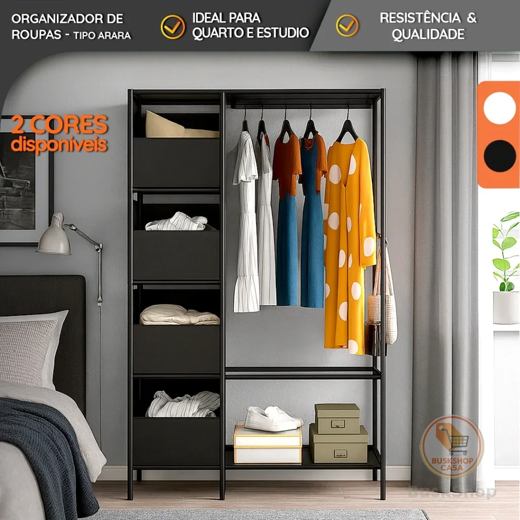 Arara Cabideiro Organizador com Prateleiras e Ganchos Laterais – Design Clean e Estrutura Reforçada