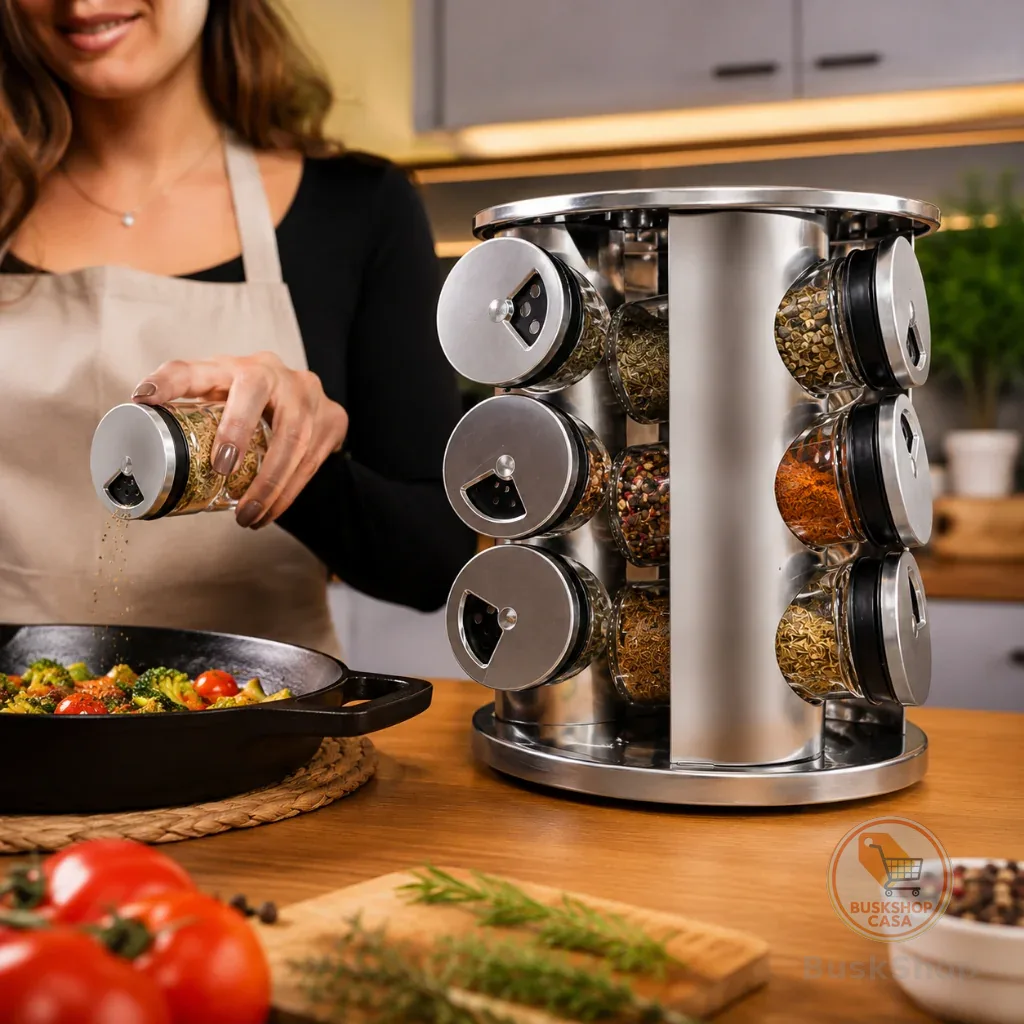 Porta Condimentos INOX 12 Potes Vidro Base 360° Cozinha Giratório Premium
