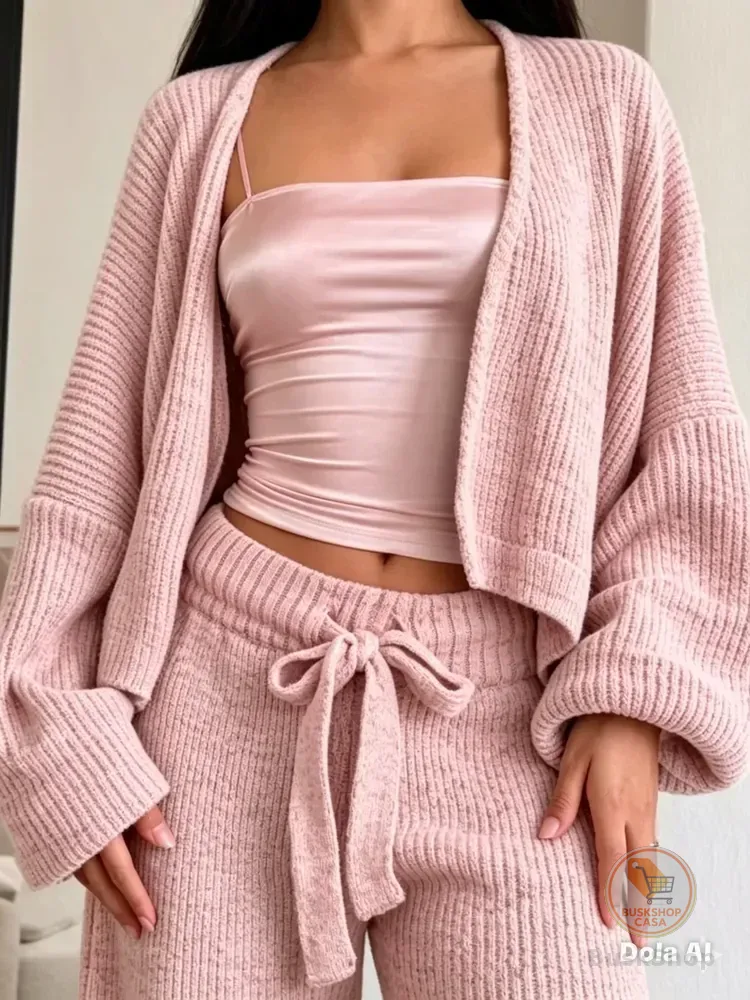 Conjunto Feminino Tricot Mousse Canelado Casaco Cardigan Rose Trico Mousse Blogueira 38-44
