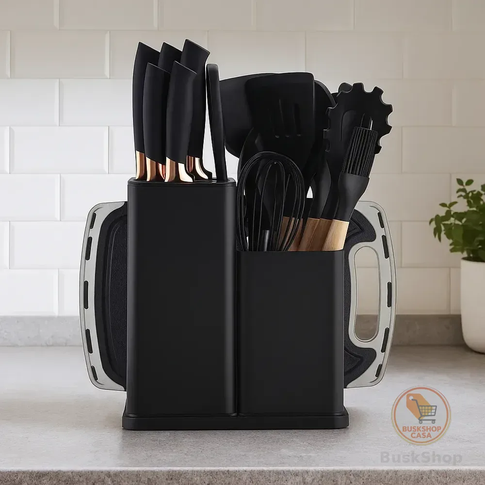 Kit com 19 Peças de Utensílios de Cozinha (Tábua em Silicone e Espátula) Preto