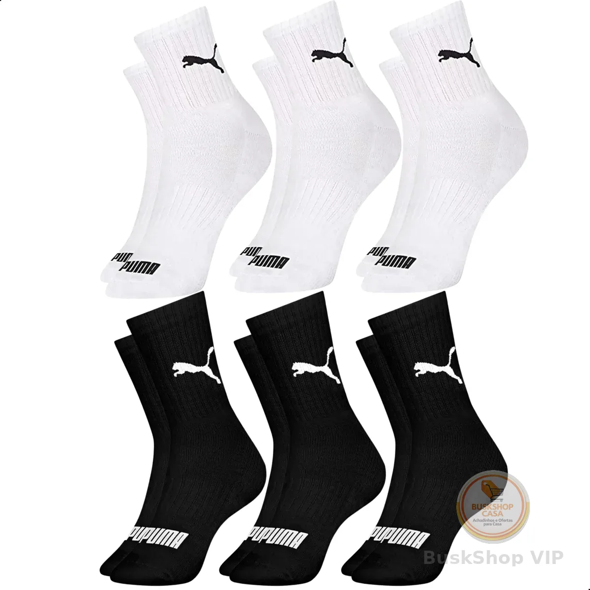 Kit 6 Pares Meia Cano Médio Alto Atoalhada Esportiva Algodão Masculina Feminina Unissex Adulto Academia Dia a Dia Puma