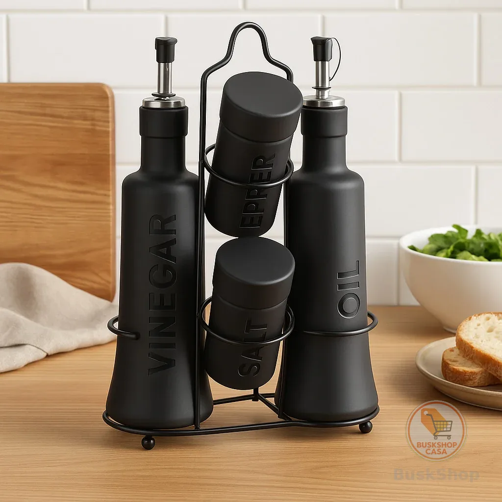 Galheteiro de Vidro Nero com Suporte 5 Peças Porta Azeite Vinagre Molhos Temperos Cozinha Completo