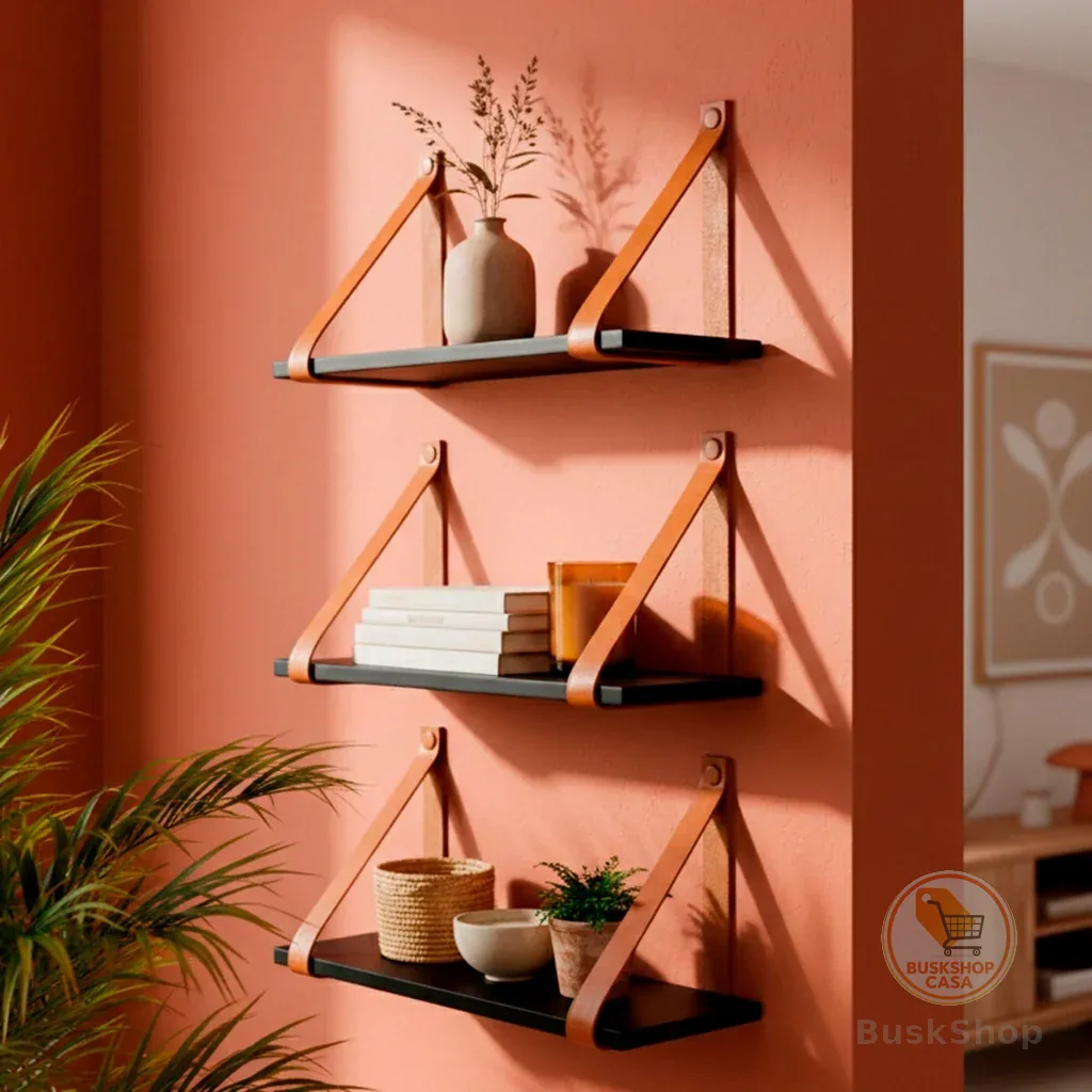 Kit 3 Prateleira Para Banheiro Decorativa Suspensa Prateleira Decorativa Com Alça em Couro