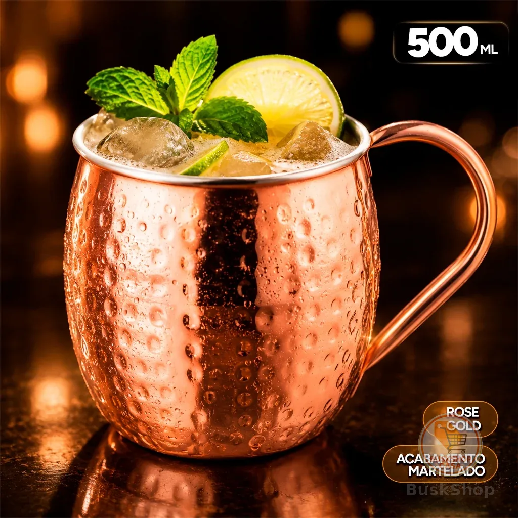 Caneca Moscow Mule 500ml Aço Inox Rose Gold Martelada Copo Drink Gin Bar Presente