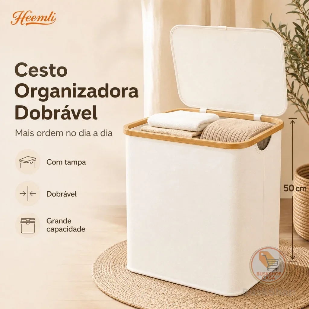 Cesto Organizador Heemli com Tampa de Bambu Dobrável para Lavanderia Sala Banheiro