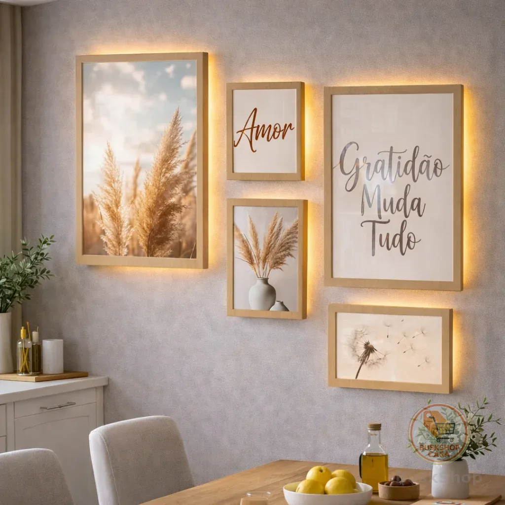 Kit Quadros 5 peças Moderno Gratidão Muda Tudo Frase Trigo Prosperidade Sala Hall