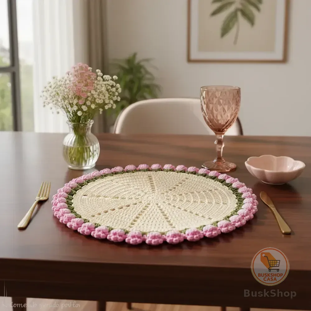 Sousplat De Crochê Luxo Flores 38 Cm,jogo Americano Com 2pç Bege Rosas