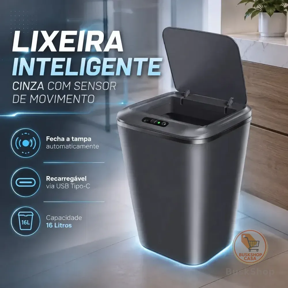 Lixeira Inteligente Automática Cinza Universal Com Sensor Recarregável Earman Company Anti Odor 16l Recarregável Usb