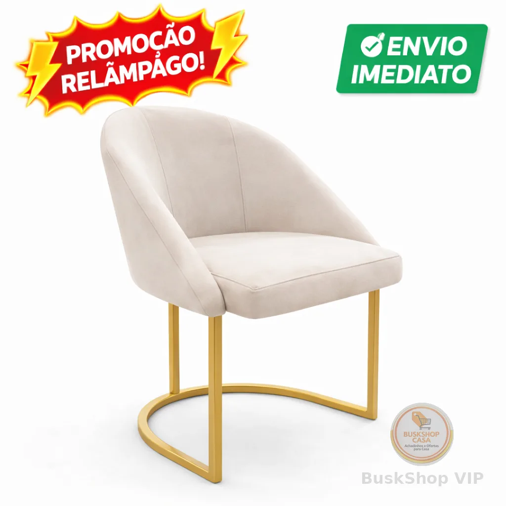 Cadeira Lua Estofada Com Base Em Ferro Dourado Veludo Bege