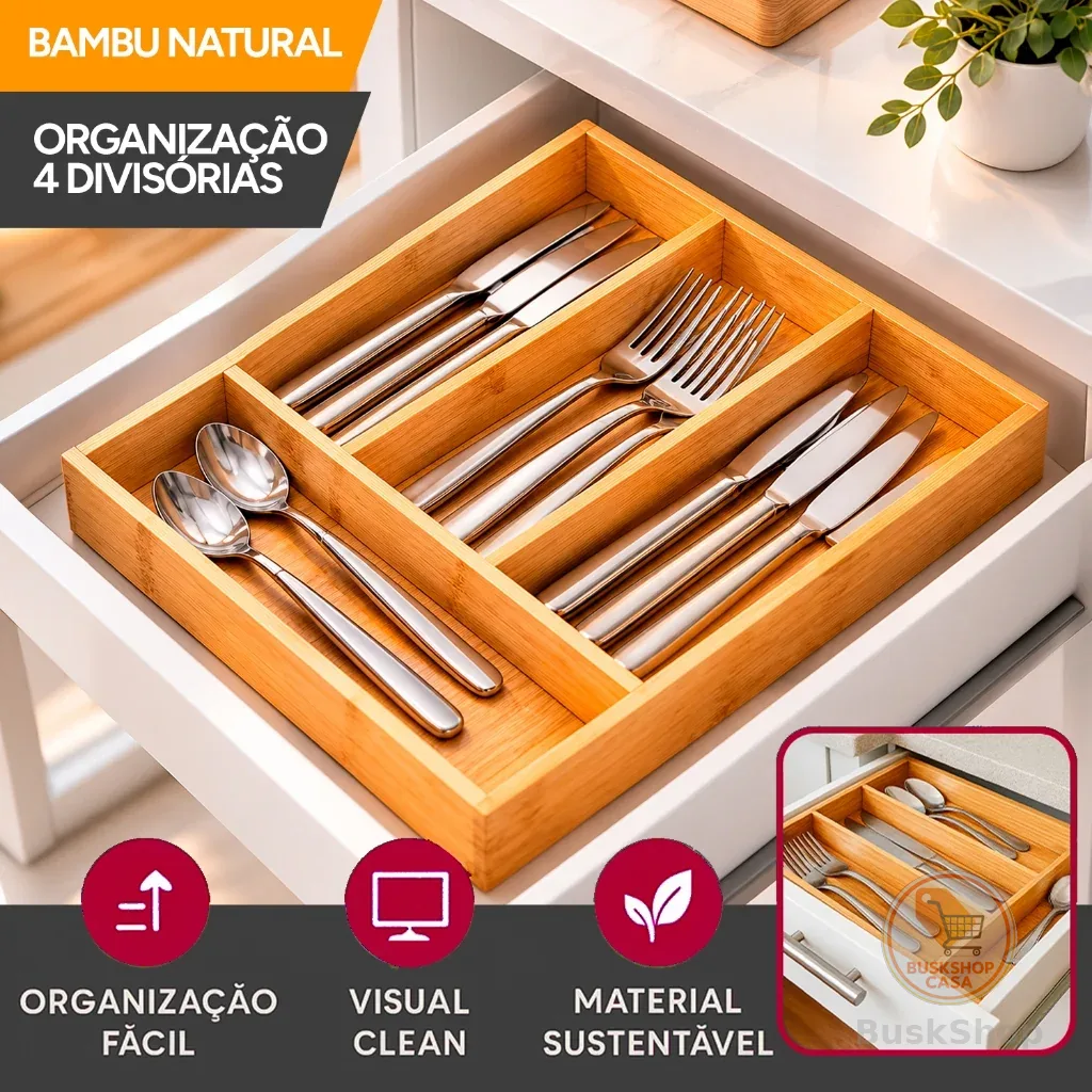Porta Talheres de Bambu 4 Divisórias Organizador de Gaveta Cozinha Premium