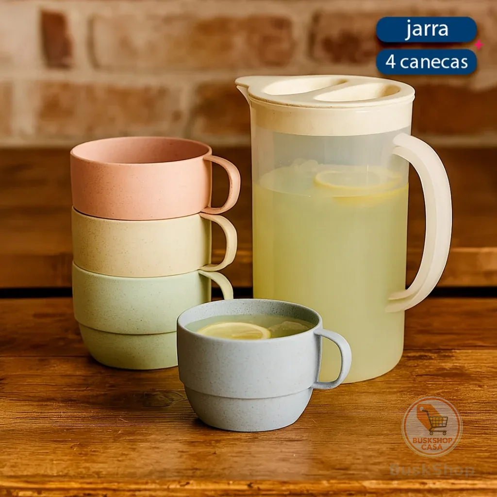 Conjunto Jarra 1,6L + 4 Canecas Empilháveis – Perfeito para Água, Suco e Bebidas Geladas