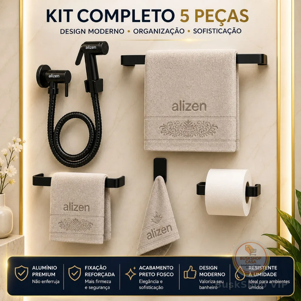 Kit Banheiro Preto Acessórios Ducha Higiênica Porta Toalhas Suporte Papel Higiênico Preto Fosco