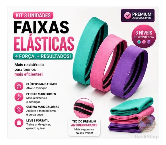 Kit 3 Faixas Elásticas Mini Band Para Treino Academia Verde Claro, Rosa E Lilás