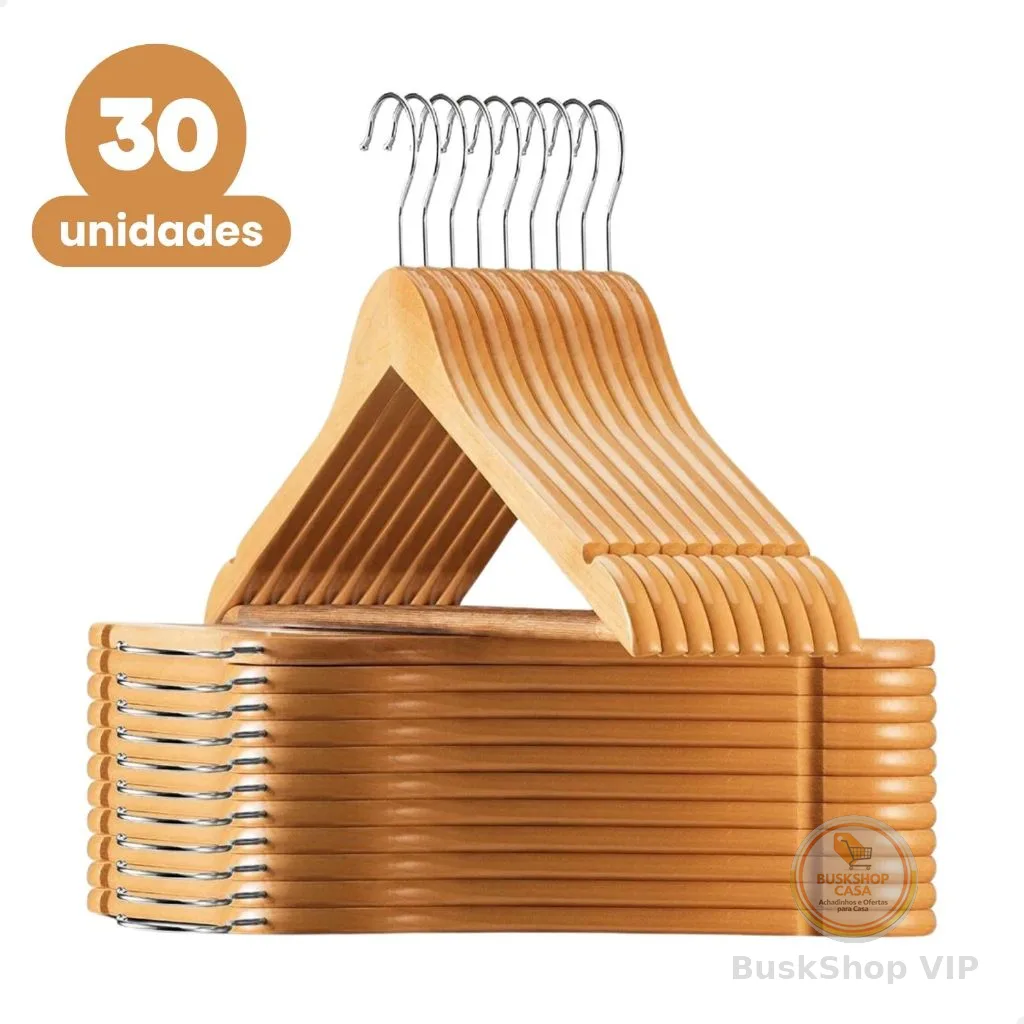Kit 30 Cabide De Madeira Marfim Para Roupas Calça Gancho Cromado