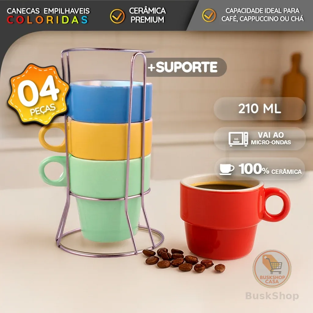Kit 4 Xícaras 210ml Coloridas Empilháveis com Suporte Metálico Cerâmica Arco-Íris
