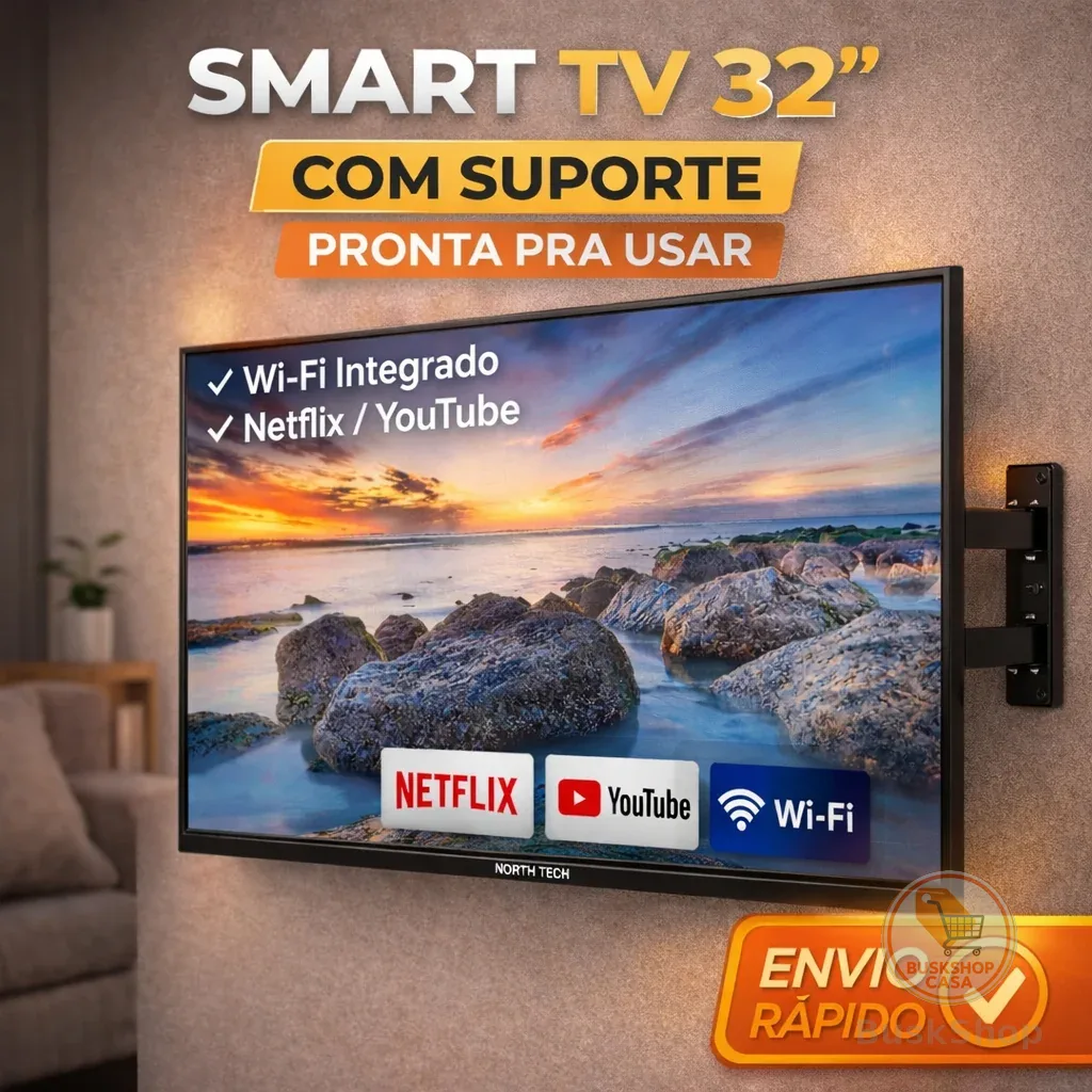 Smart TV 32" North Tech WiFi Bluetooth Netflix YouTube HDMI Tela Fina + Suporte de Parede Universal