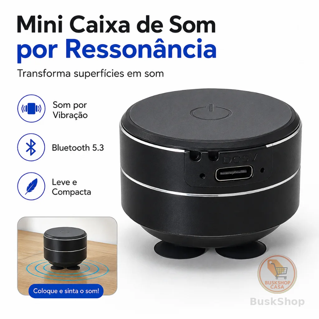 Mini Caixa de Som por Ressonância Bluetooth 5.3 TWS 3W Portátil com Ventosas, Bateria 400mAh e Carregamento Type-C USB
