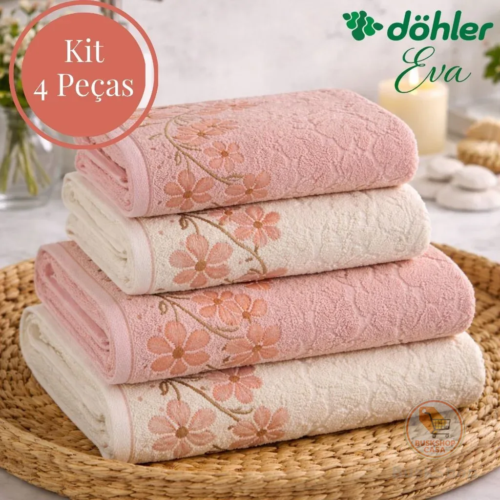 Jogo de Toalha 4 Peças Dohler de Algodão Felpuda Macia Excelente Absorção Banho e Rosto Eva