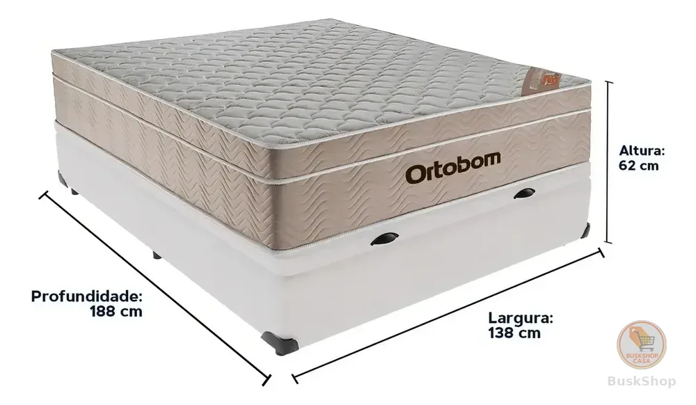 Box Baú Casal + Colchão Molas Marca Ortobom - Modelo Airtech De 138cm - Branco