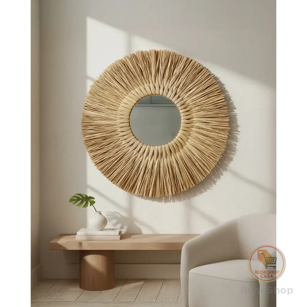 Decoração Boho Chic Praia Espelho Redondo Palha Natural 60 cm