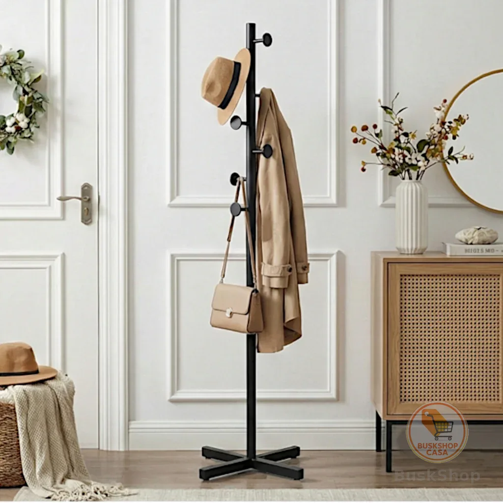 Cabideiro Mancebo Chao Metal Preto 173 cm Ajustavel 7 Ganchos Roupas Bolsas Quarto Sala Hall Moderno