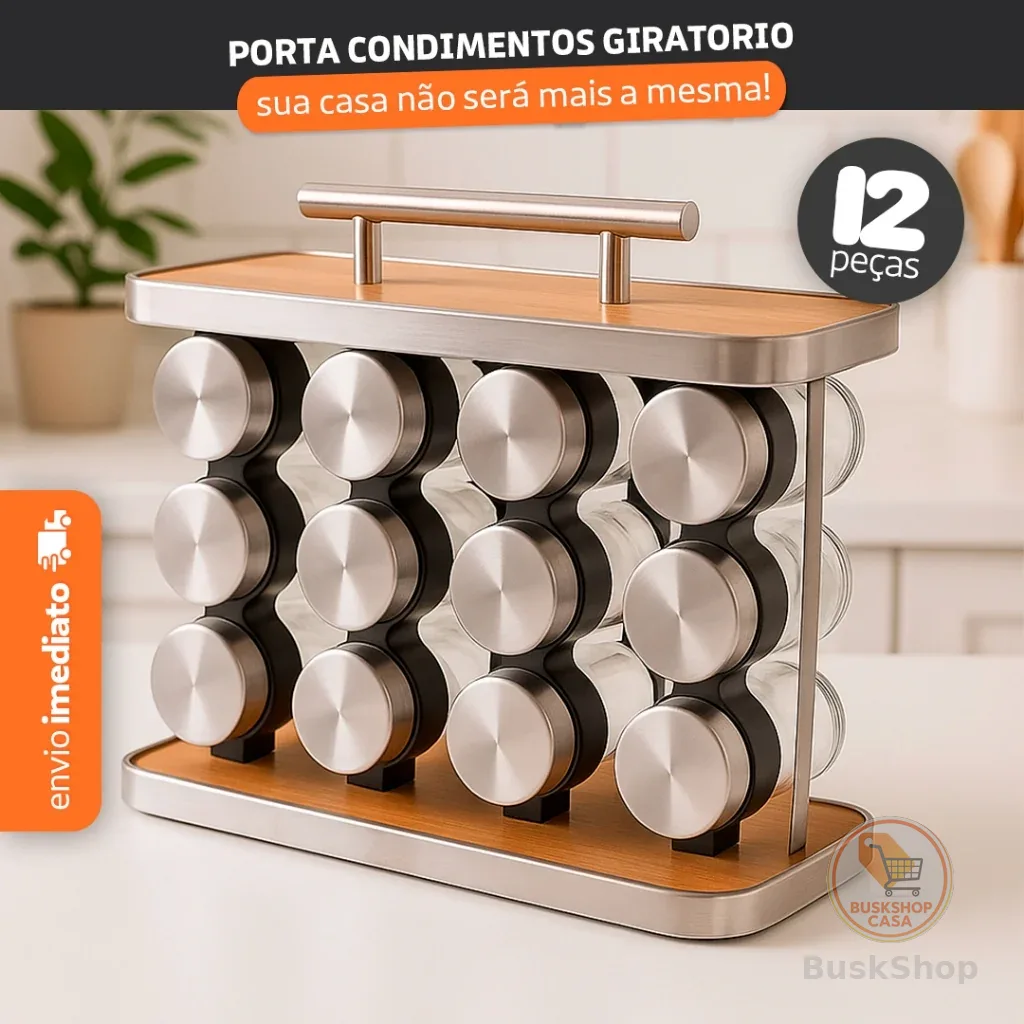 Porta Tempero Vertical Madeira Inox Com Alça 12 Potes Vidro Área Gourmet Cozinha