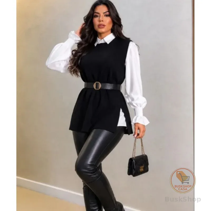 kit  camisa Feminina + Colete Modal + Cinto  look ideal  pra seu outono  ou inverno tendência FESTAS PROMOÇÃO