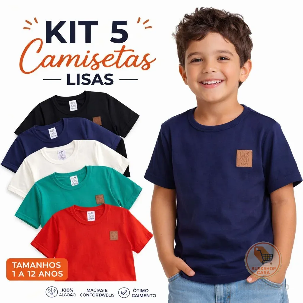 Kit 5 CAMISETAS Lisas Básicas MENINO Coloridas Verão Algodão Confortável