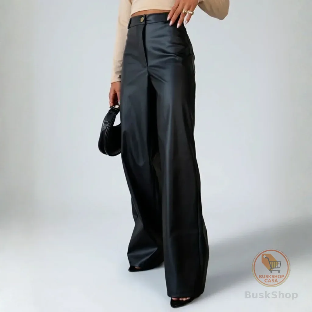 Calça Feminina Cintura Alta Wide Leg Pantalona com Bolso Couro Premium Preta Fake