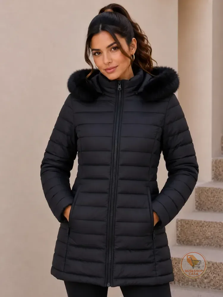 Jaqueta Puffer Feminina Alongada Peluciada Inverno Capuz Pel Preto Gg
