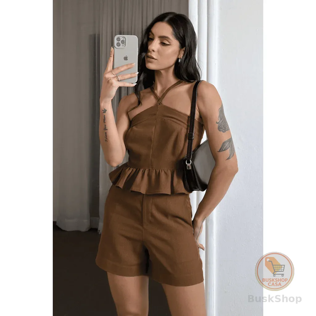 Conjunto Linho Feminino Blusa Cropped Babado E Short Chic