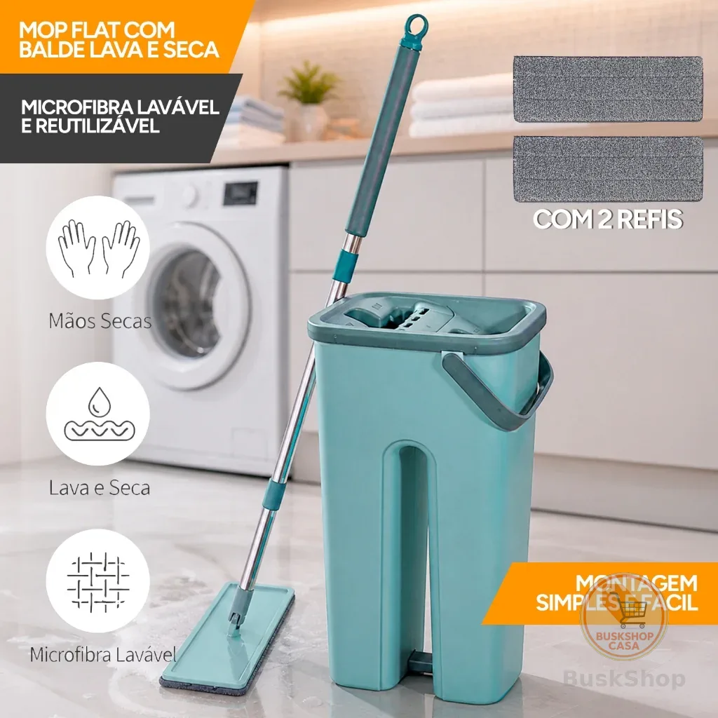 Mop Flat Lava e Seca com Balde Compacto e Refil Microfibra + 2 Refil