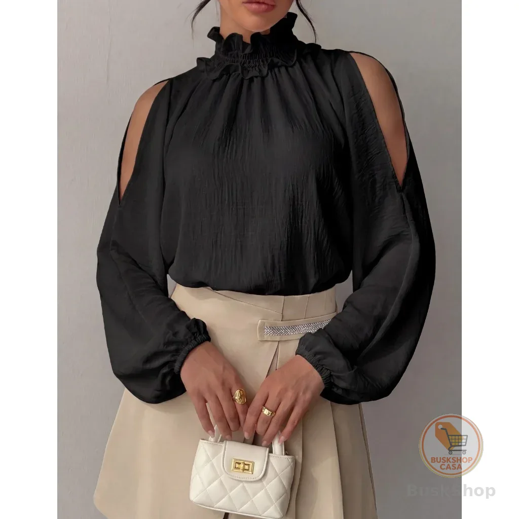 Blusa Bata Viscolinho Confortavel Gola Alta Ombro Vazado Social Manga Longa