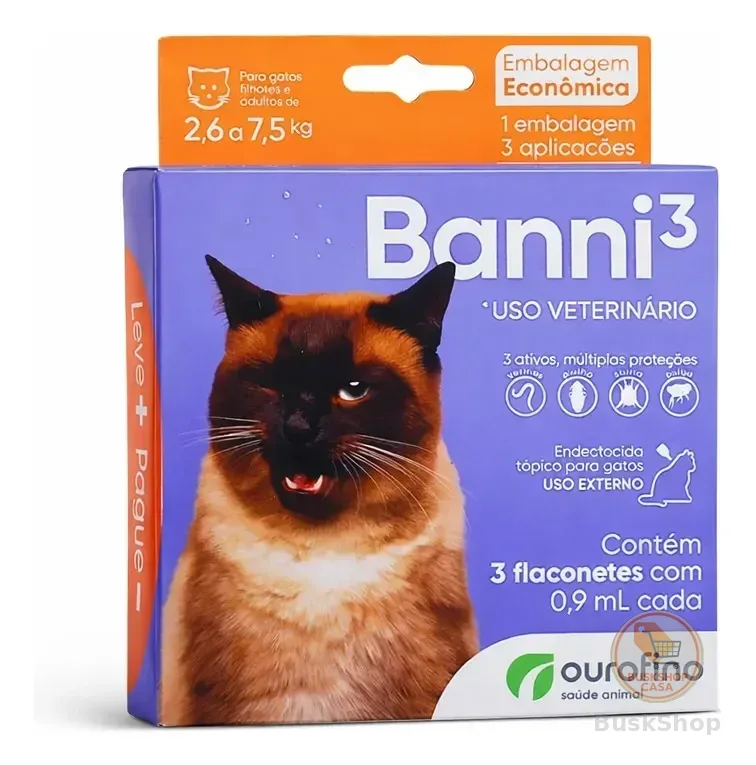 Antipulgas Sarna Vermifugo Gatos Banni Ourofino 2.6 A 7.5kg 3 Pipetas Cor Lilás