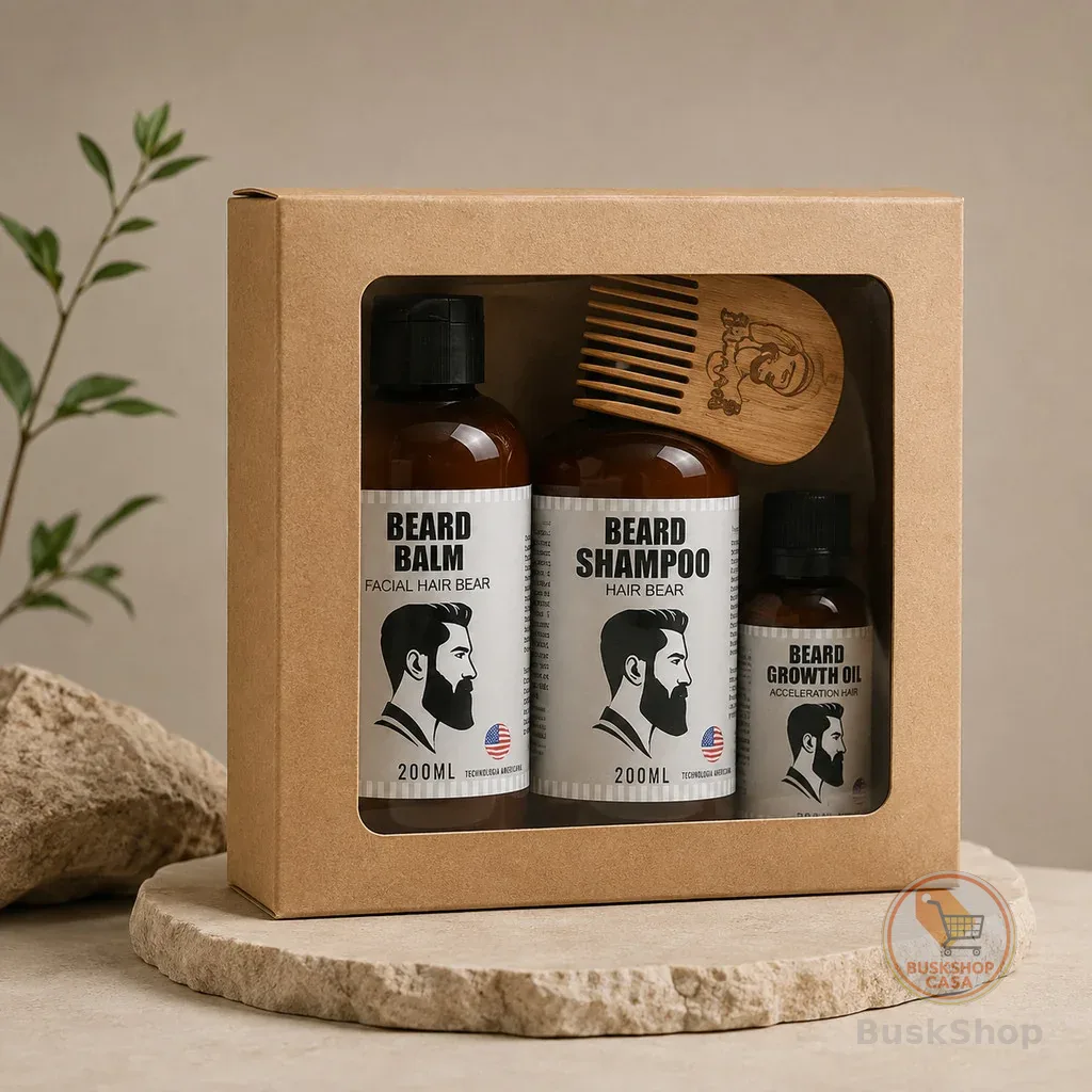 Kit Balm, Óleo para Barba e Shampoo Facial Tecnologia Americana e Pente de Madeira para barba - Alkmena m-09
