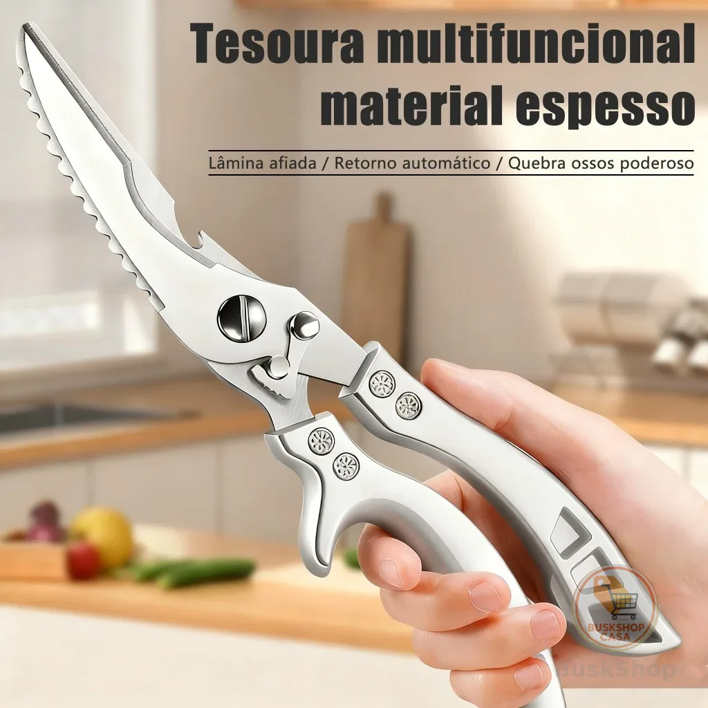 Tesoura de Cozinha Multiuso Forte - Corta Osso de Frango e Peixe, Carnes, Legumes, Aço Inoxidável Profissional