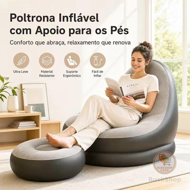 Sofá Inflável Preguiçoso com Pufe, Conforto Ergonômico, Antiderrapante, Dobrável e Portátil para Quarto e Sala