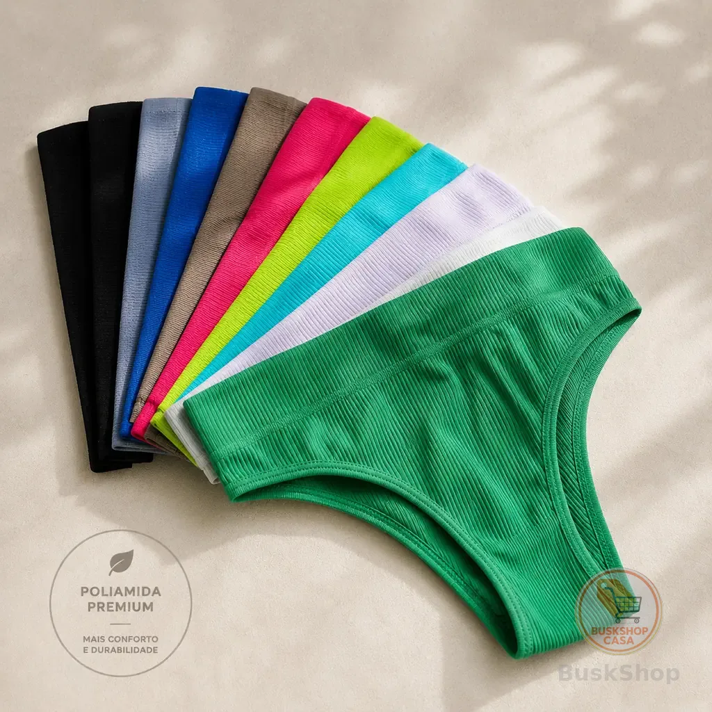 Kit Calcinha Canelada Ribana Conforto Tradicional Poliamida Importada Cintura Alta Pala Dupla