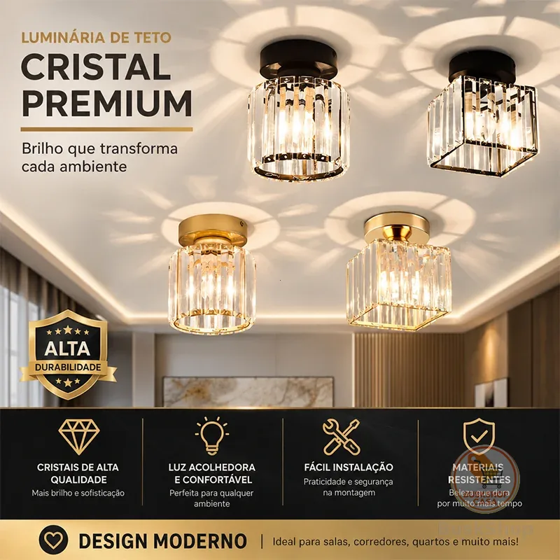 Lâmpada de Teto de Cristal para Corredor e Entrada Luz de Ambiente com Efeito de Luz Artística 110V-220V E27