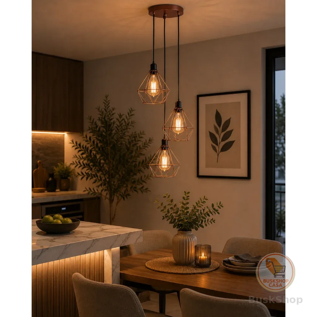 Luminária Teto Conjunto Lustre Pendente Diamante Triplo e-led Aramado Cozinha Sala Quarto Lavabo